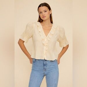 Laura Ashley V-Neck Shortsleeve Ruffle Blouse Shirt Yellow NWT Large button down